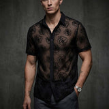 Vacation Style Rose Mesh See Through Short Sleeve Shirt