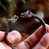 Viking Dominating Double Wolf Head Stainless Steel Open Bracelet | Gthic.com