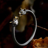 Viking Dominating Double Wolf Head Stainless Steel Open Bracelet
