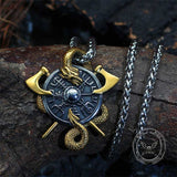 Viking Dragon Double Axe Vegvisir Stainless Steel Pendant 01 | Gthic.com