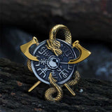 Viking Dragon Double Axe Vegvisir Stainless Steel Pendant 02 | Gthic.com