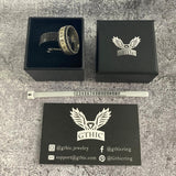 Anillo de banda de acero inoxidable con runas vikingas y engaste de gemas