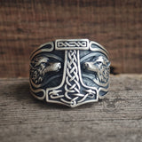 Viking Thor's Hammer Double Wolves Sterling Silver Ring | Gthic.com