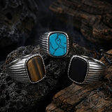Vintage-Style Turquoise Stainless Steel Striped Ring | Gthic.com