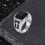 Vintage Cross Black Gemstone Stainless Steel Ring | Gthic.com