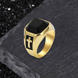 Vintage Cross Black Gemstone Stainless Steel Ring | Gthic.com