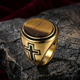 Vintage Cross Pattern Oval Gem Stainless Steel Ring