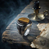 Vintage Cross Pattern Oval Gem Stainless Steel Ring
