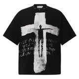 Vintage Distressed Cross-Print Waffle-Knit Loose T-Shirt