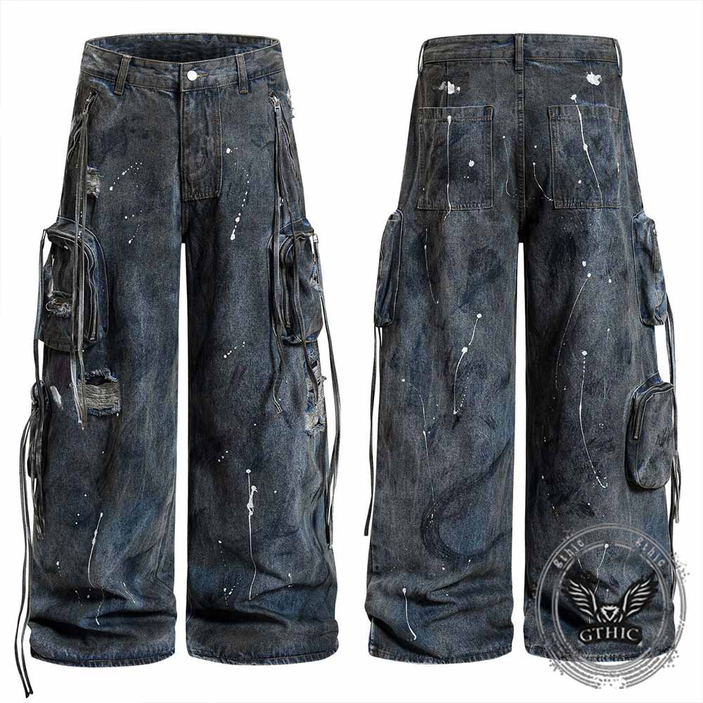 Vintage Distressed Dirty Multi-Pocket Blue Baggy Jeans – GTHIC