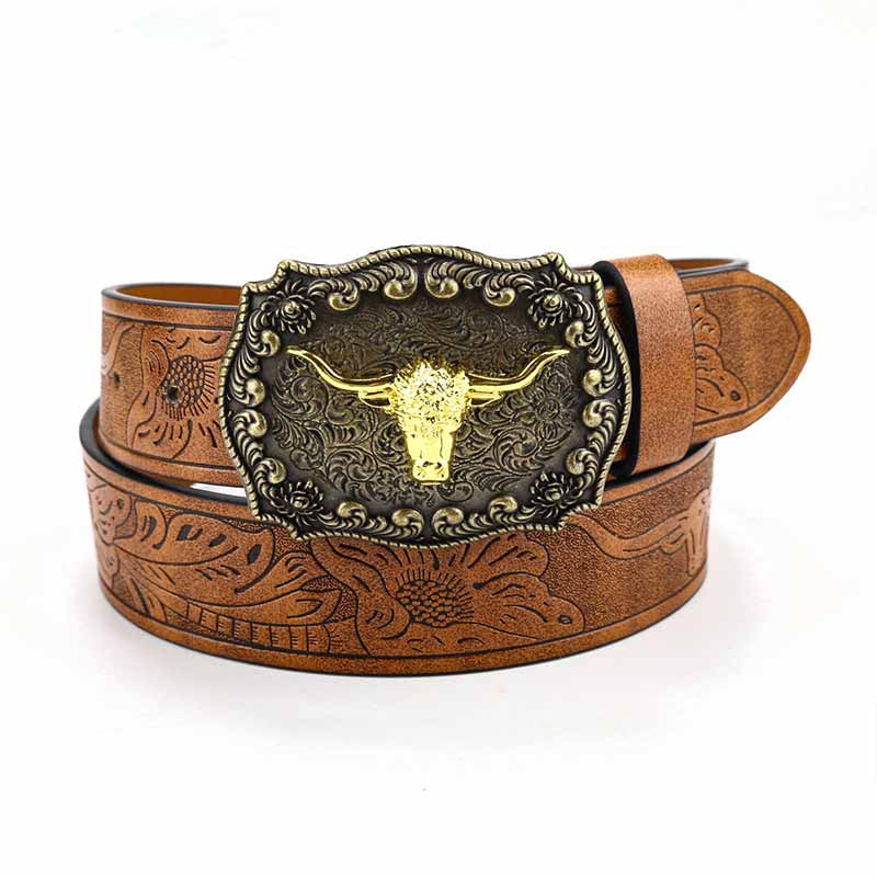 Embossed Leather Western Belt with Bull Buckle SUOSDEY Western Belts for Men Women,Cowboy Cowgirl Belts  main image 4