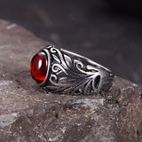 Vintage Floral Pattern Red Gem Stainless Steel Ring