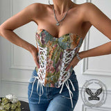 Vintage Floral Print Back Tie Fishbone Tube Top 01 | Gthic.com