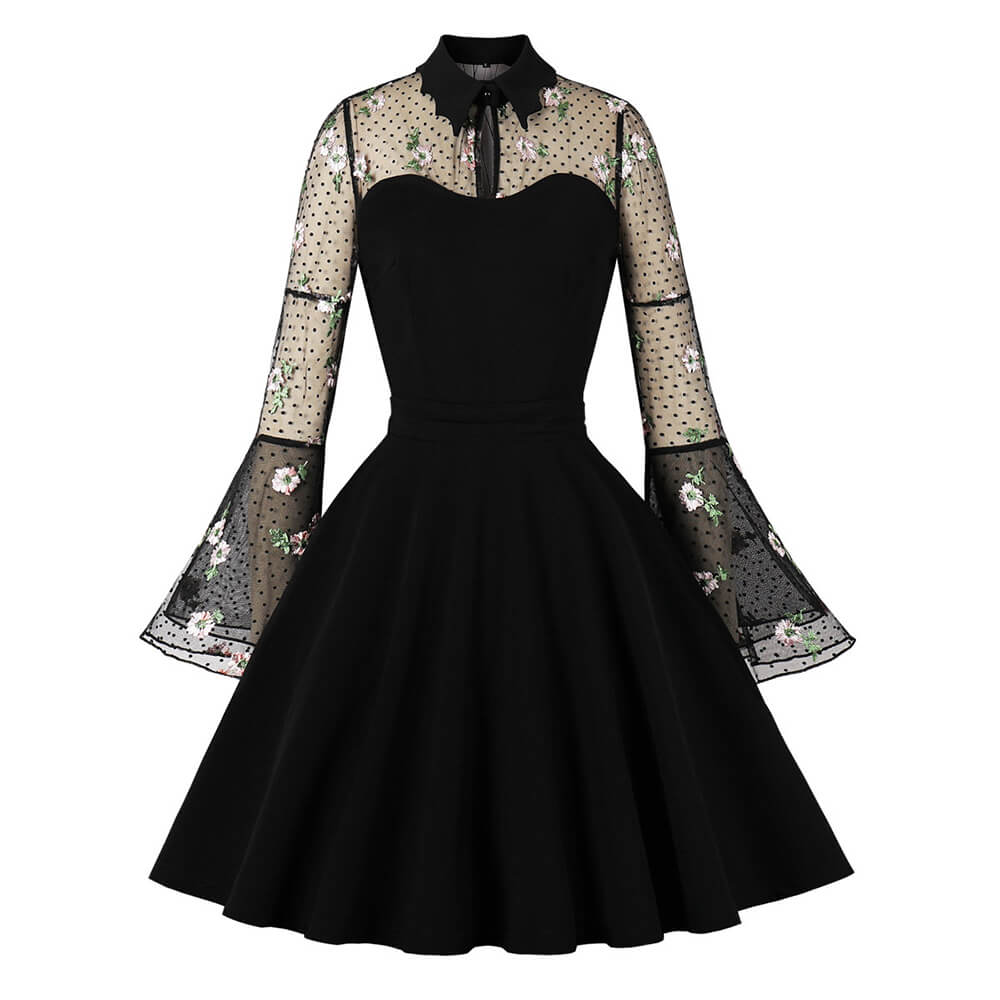 Vintage Flower Embroidered Mesh Patchwork Dress, Black / S (Bust 86 cm) Vintage Flower Embroidered Mesh Patchwork Dress, Black / S (Bust 86 cm)