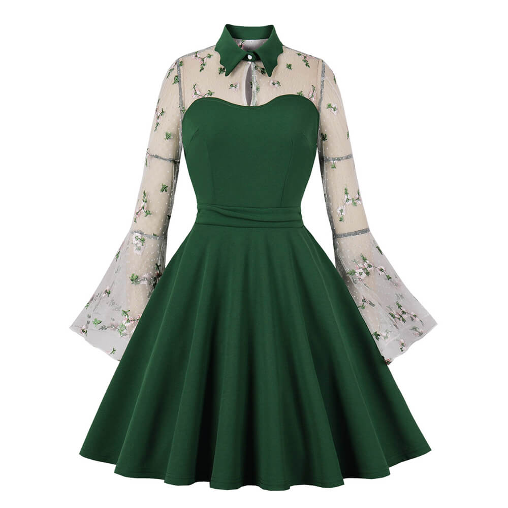 Vintage Flower Embroidered Mesh Patchwork Dress, Green / M (Bust 90 cm) Vintage Flower Embroidered Mesh Patchwork Dress, Green / M (Bust 90 cm)