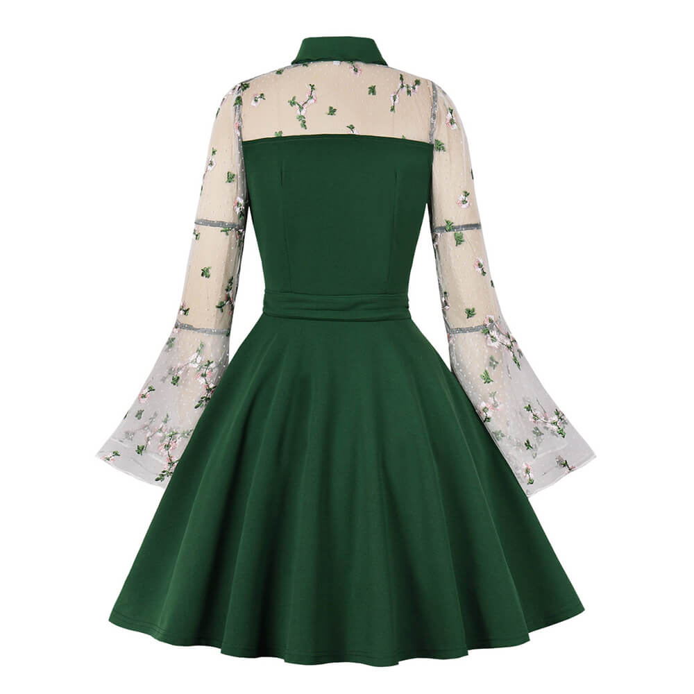 Vintage Flower Embroidered Mesh Patchwork Dress, Green / L (Bust 96 cm) Vintage Flower Embroidered Mesh Patchwork Dress, Green / L (Bust 96 cm)
