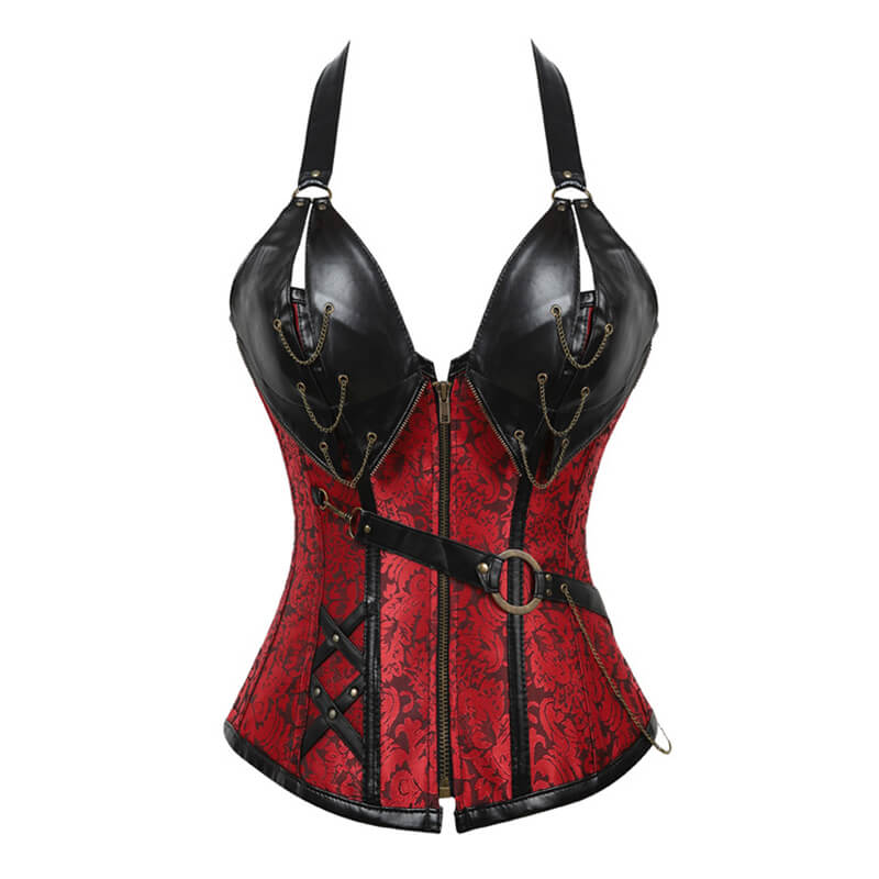 Red Brown Pirate Corset Belt Lace Up Back Jacquard Corset Vintage Top  Steampunk Underbust Corset Leather For Women Black