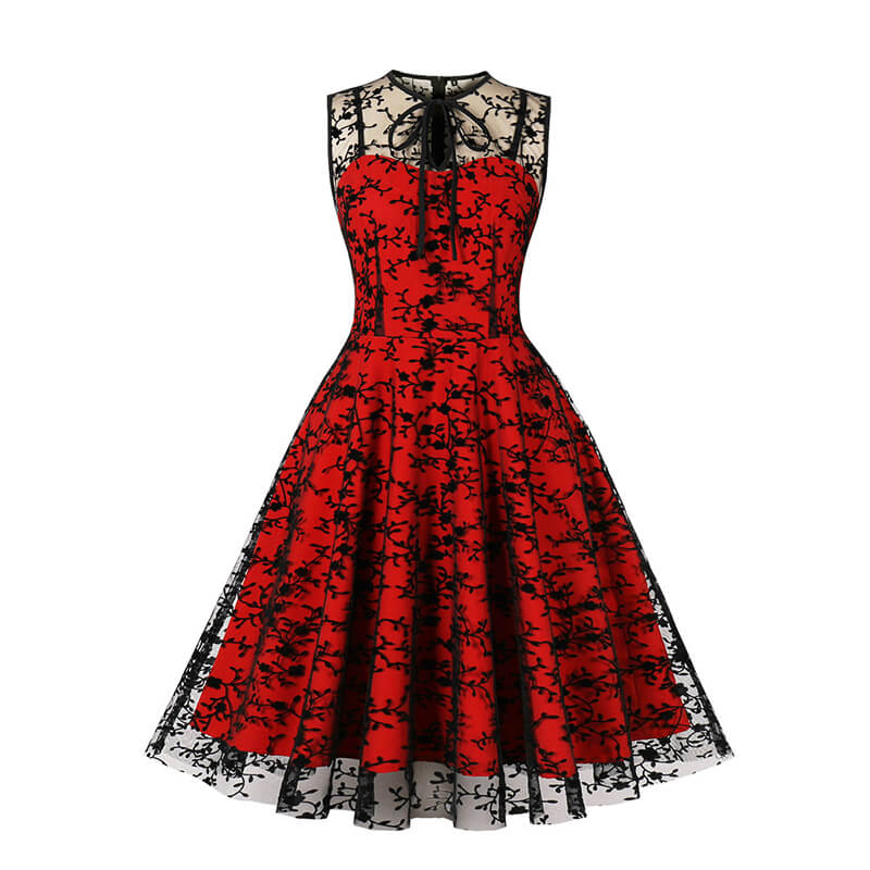 Vintage Mesh Embroidered Sleeveless Dress, Red + Black / L (Bust 102 cm) Vintage Mesh Embroidered Sleeveless Dress, Red + Black / L (Bust 102 cm)