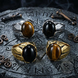 Vintage Oval Tiger Eye Gemstone Stainless Steel Ring | Gthic.com