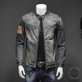 Vintage Patchwork Stand Collar Denim Jacket 01 | Gthic.com