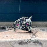 Vintage Red Eyed Wolf Zircon Sterling Silver Ring | Gthic.com