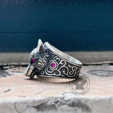 Vintage Red Eyed Wolf Zircon Sterling Silver Ring | Gthic.com