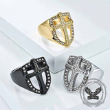 Vintage Shield Cross Diamond Stainless Steel Ring 01 | Gthic.com