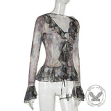 Vintage Smudge Print Mesh Leopard Print Tie-Strap Top | Gthic.com