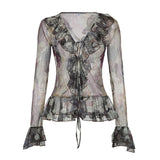 Vintage Smudge Print Mesh Leopard Print Tie-Strap Top | Gthic.com