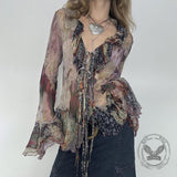 Vintage Smudge Print Mesh Leopard Print Tie-Strap Top | Gthic.com