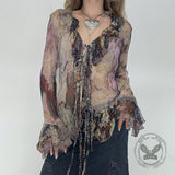 Vintage Smudge Print Mesh Leopard Print Tie-Strap Top | Gthic.com