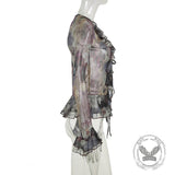 Vintage Smudge Print Mesh Leopard Print Tie-Strap Top | Gthic.com