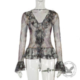 Vintage Smudge Print Mesh Leopard Print Tie-Strap Top | Gthic.com