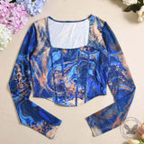 Vintage Square Neck Waist-Baring Spliced Slim Top | Gthic.com