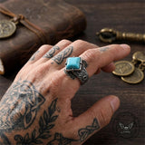 Vintage Textured Square Gem Stainless Steel Ring