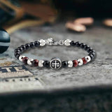 Vintage Tiger Eye Cross Stainless Steel Beaded Bracelet 01 | Gthic.com