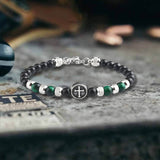 Vintage Tiger Eye Cross Stainless Steel Beaded Bracelet 03 | Gthic.com