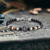 Vintage Tiger Eye Cross Stainless Steel Beaded Bracelet