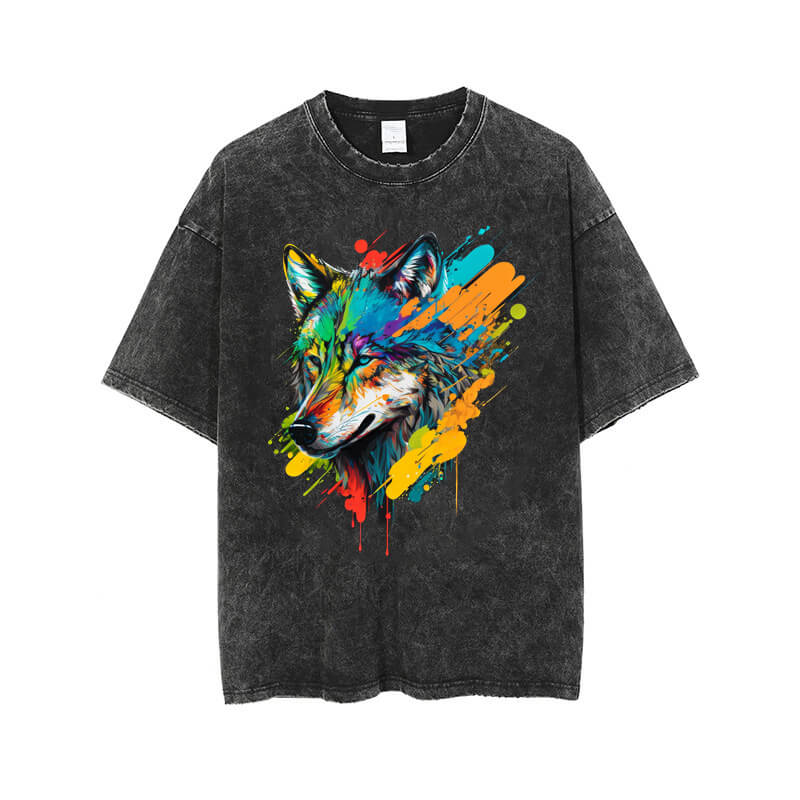Vintage Washed Colorful Wolf Head Print T-shirt – GTHIC