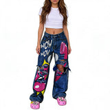 Vintage Washed Y2K Lips Phone Print Ripped Jeans | Gthic.com