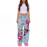 Vintage Washed Y2K Lips Phone Print Ripped Jeans | Gthic.com