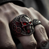 Winged Skull Sterling Silver Ruby Biker Ring