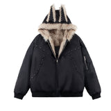 Y2K Big Furry Ear Studded Cotton-padded Hooded Jacket | Gthic.com