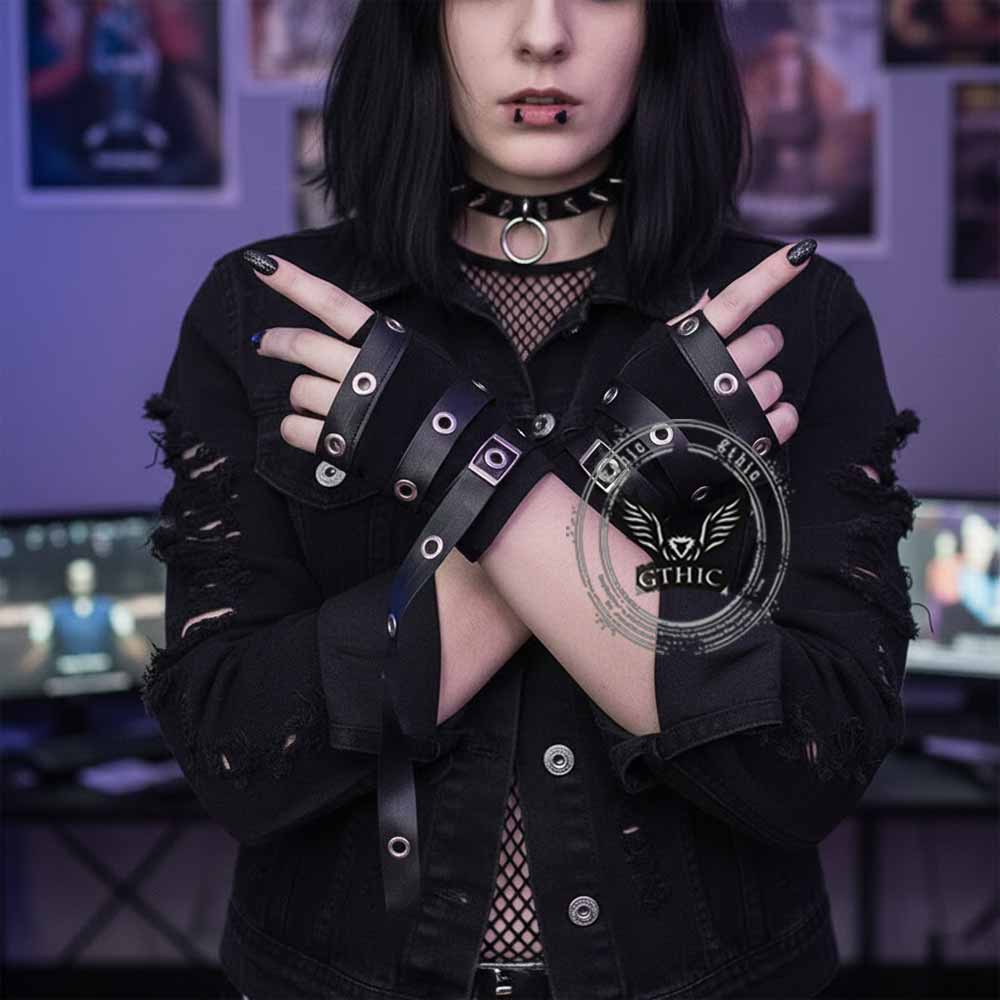 Y2K Gothic PU Strap Half-Finger Sleeve Gloves – GTHIC