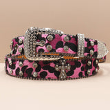 Y2K Leopard Print Rhinestone Cross Rivet PU Leather Belt
