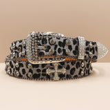 Y2K Leopard Print Rhinestone Cross Rivet PU Leather Belt | Gthic.com