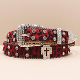 Y2K Leopard Print Rhinestone Cross Rivet PU Leather Belt