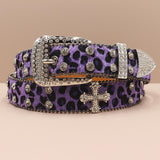 Y2K Leopard Print Rhinestone Cross Rivet PU Leather Belt