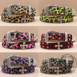 Y2K Leopard Print Rhinestone Cross Rivet PU Leather Belt | Gthic.com