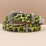 Y2K Leopard Print Rhinestone Cross Rivet PU Leather Belt | Gthic.com